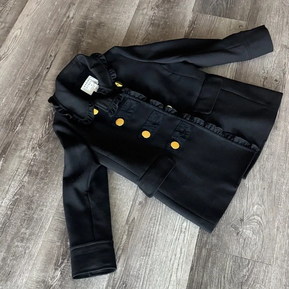 Kate Spade Black Ruffle Velvet Trim Gold Button Winter Fall Wool Blend Coat - Picture 4 of 8